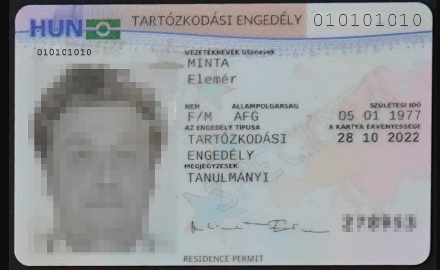 헝가리 거주 허가 카드(Tartózkodási engedély) 정부 공개 견본