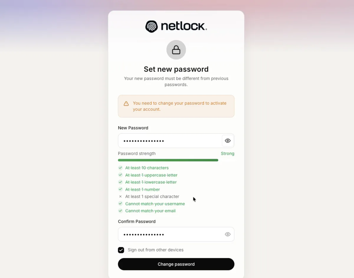 Netlock 새 비밀번호 설정 화면 — 비밀번호 규칙 체크리스트