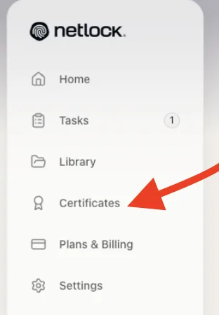 Netlock 왼쪽 메뉴 — Certificates 항목