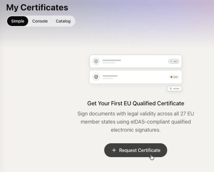 Netlock My Certificates 화면 — Request Certificate 버튼