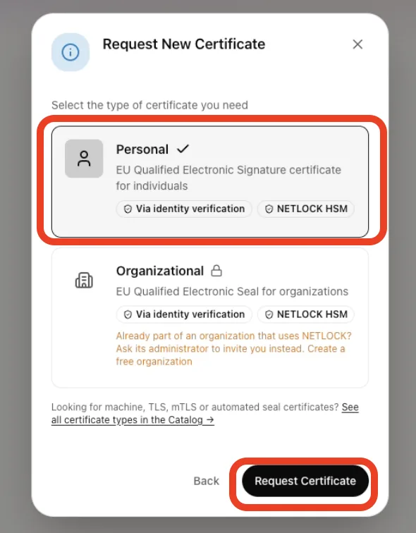 Netlock 인증서 종류 선택 창 — Personal 선택