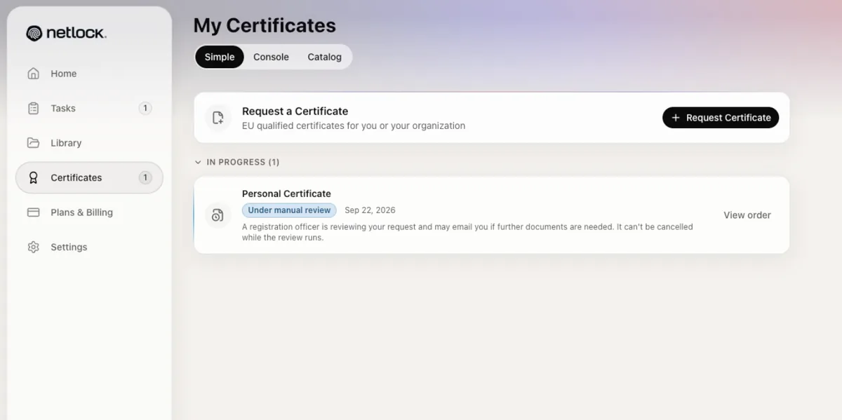 My Certificates — Personal Certificate가 Under manual review 상태