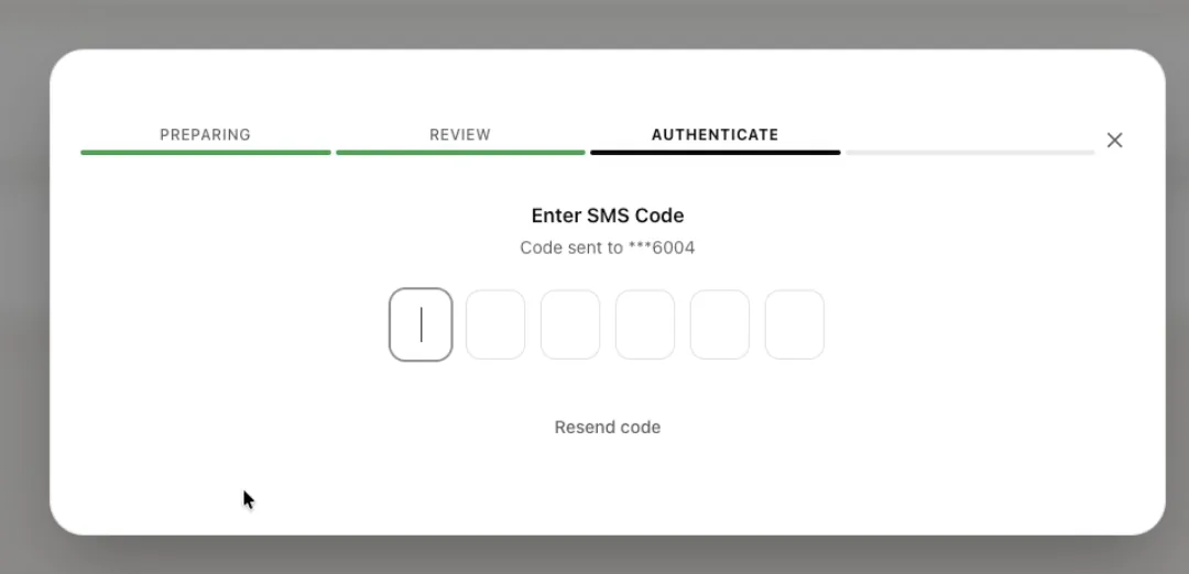 Enter SMS Code — 6자리 문자 인증번호 입력 화면